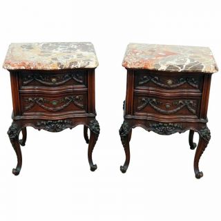 Gorgeous Carved Walnut Pair Louis Xv Style Marble Top Night Stands Tables C1920s