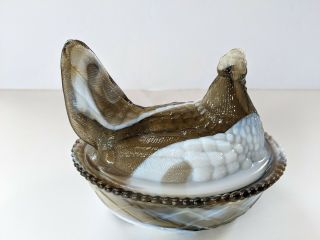 Vintage Swirl White & Chocolate Slag Glass Hen On A Nest,  Split Tail