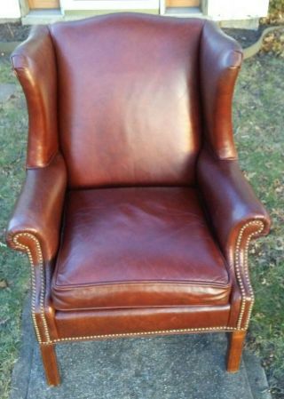 Vintage Ethan Allen Brown Leather Wing Back Chair Mid Century Art Deco Design