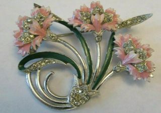 Vintage Rhinestone Pink Enamel Flower Brooch Figural Pin Jewelry 1940 