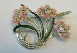 Vintage Rhinestone Pink Enamel Flower Brooch Figural Pin Jewelry 1940 ' s 2