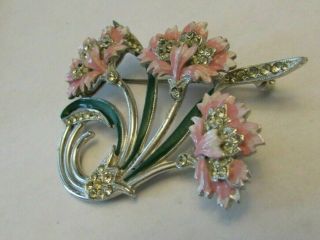 Vintage Rhinestone Pink Enamel Flower Brooch Figural Pin Jewelry 1940 ' s 3