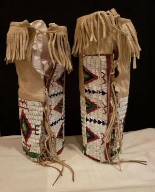 Antique old Native American Plains Indian beaded women ' s leggings c.  1880 Sioux 3