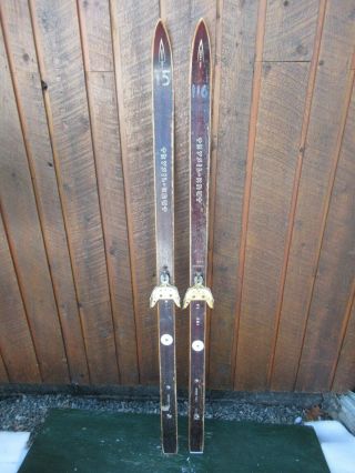 Vintage Hickory Wooden 59 " Skis With Brown Wood Finish