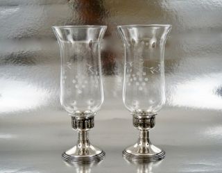 Pair Empire Weighted Sterling Silver & Glass Candle Holders Hurricane Shade Lamp