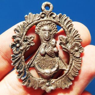 Antique Blessed Virgin Mary Silver Medal Old Spanish Religious Charm Pendant