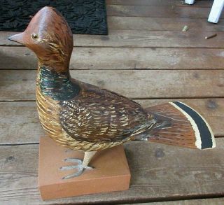 Vintage 1969 Life Size Wood Carved Ruffed Grouse Duck Decoy