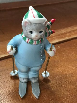 Vintage Schmid Kitty Cucumber Porcelain Snow Skiing Gray Cat W Red Green & White