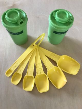 Vintage Tupperware Lime Green Salt - Pepper Shakers & Measuring Spoons.