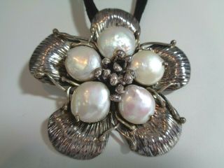 Cfj 925 Silver Vintage Mother Of Pearl & Sterling Flower Pendant Necklace