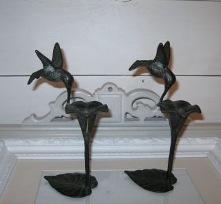 Vintage Brass Bronze Metal Hummingbird Humming Bird Candle Holders Set Pair
