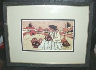 Vintage Goldfarb Native American Woman Framed Batik Artwork Signed 243 / 950