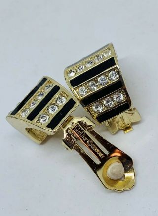 Vtg Christian Dior Germany Black Enamel Rhinestone Gold Tone Clip On Earrings