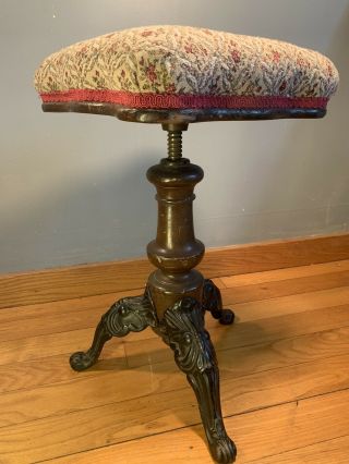 Vintage Piano Stool Chair Adjustable Cast Iron Legs Antique Swivel Floral Wood