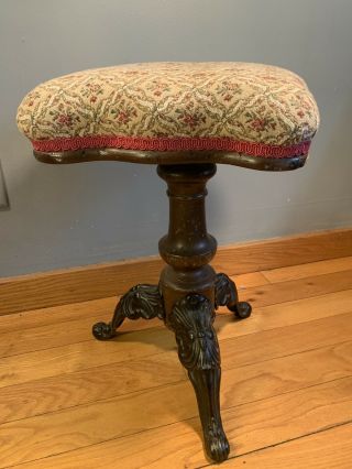 Vintage Piano Stool Chair Adjustable Cast Iron Legs Antique Swivel Floral Wood 2