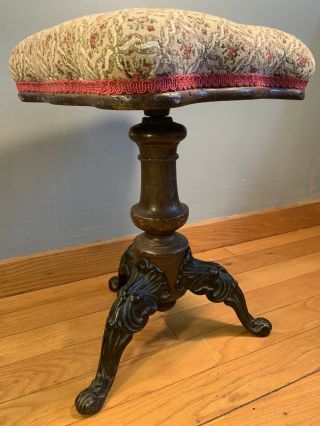 Vintage Piano Stool Chair Adjustable Cast Iron Legs Antique Swivel Floral Wood 3