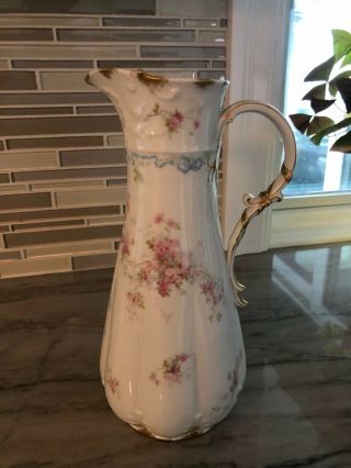 Antique Limoges Chocolate Pot Pink Roses With Blue Ribbons Gda
