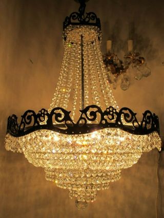 Antique Vnt Austrian Real Swarovski Crystal Chandelier Lamp 1940s 18in Ø Dmtr Rr