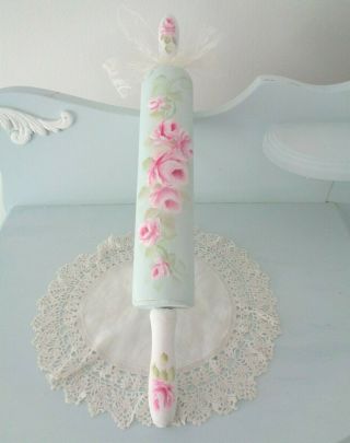 Decorative Chic Rolling Pin W/pink Roses Hp Shabby Cottage Vintage Hand Painted