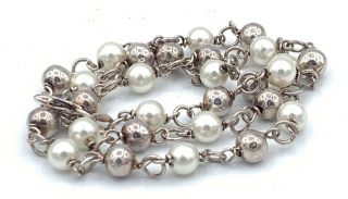 Estate Vintage 925 Italy Sterling Silver Bead And Pearl Necklace 16.  5” L