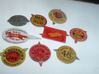 9 Different Antique Tin Tobacco Tags Ben - Hur,  Rams Horn,  Red Coon,  Red Fox