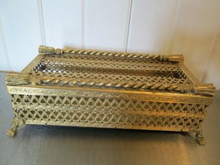 Vintage Gold Tone Filigree Metal Tissue Box Holder Hollywood Regency Tassels