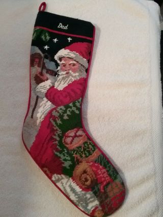 Vintage Needlepoint Tapestry Christmas Stocking Red Velvet Back Santa " Dad "