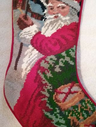 Vintage Needlepoint Tapestry Christmas Stocking Red Velvet Back Santa 