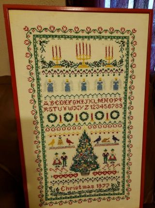 Vintage 1977 Christmas Completed Framed Cross Stitch Sampler.