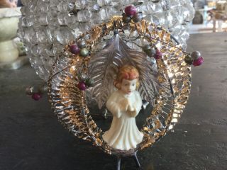 Antique Vintage Christmas Tree Ornament Metal Tinsel Wreath With Celluloid Angel