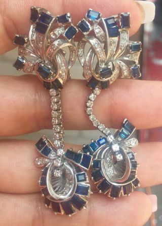 Vintage Antique Art Deco Sapphire 1.  35 Carat Diamond Palladium Dangle Earrings