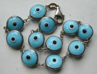 Vintage Sterling Silver Blue Glass Evil Eye Nazar Good Luck Charm Bracelet