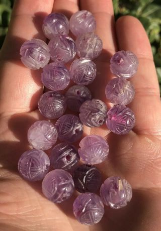 22 - Antique Old Chinese 12mm Carved Amethyst Shou Symbol Beads