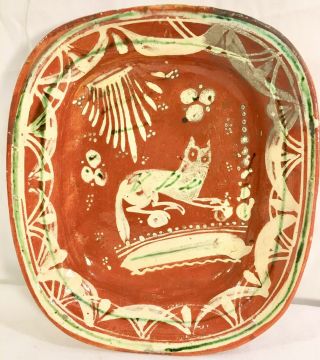 Vintage Tonala Aldana Mexican Red Clay Folk Art Pottery Bowl Dish Cat