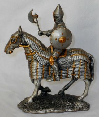 Vintage,  Rare Silver & Gold Pewter Knight & Horse In Armor W Axe And Shield L@@k