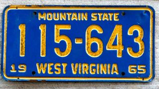 1965 Gold Lettering Incused On Blue West Virginia License Plate