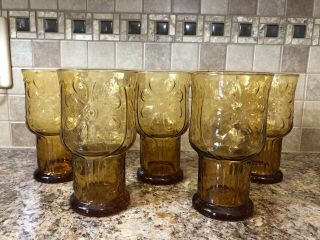 Vintage Retro Flower Daisy Amber Drinking Glasses - Set Of Five 14 Ounces