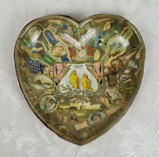 Antique Folk Art Glass Heart Shaped Ashtray With Cigar Band Wrapper Collage