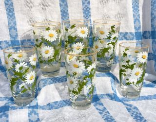 Set Of 6 Libbey Vintage Mid Century Retro Painted Daisy Yellow Rim Juice Glasses