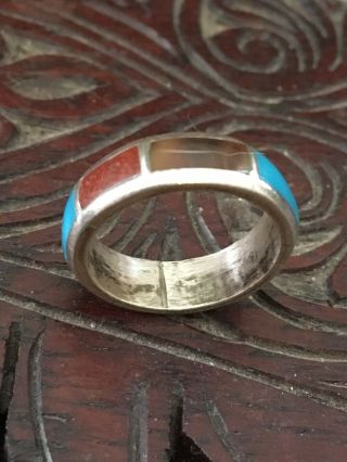 Vintage Zuni 925 sterling silver turquoise coral spiny oyster band ring sz 6,  4g 2