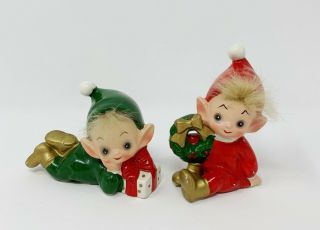 Set 2 Vintage Josef Originals Ceramic Christmas Pixie Elf Elves Figurines Japan