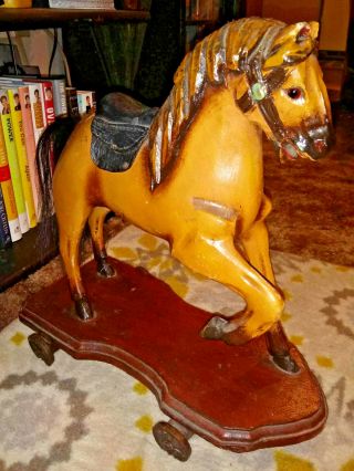 Large 16 " Vintage Carousel Rocking Horse Antique With Metal Wheels