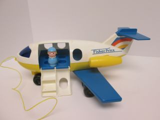 Vintage Fisher Price Little People Jet Airplane Stewardess Figure Pull Toy