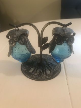 Vintage Aqua Blue Hobnail Owl Salt And Pepper Shakers