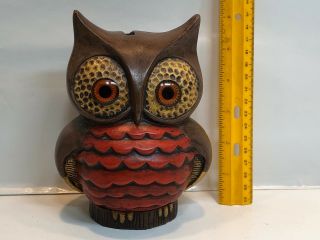 Vintage Ceramic Owl Coin Bank With Screw Off Stopper Brown Eyes Red Breasted