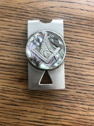 Vntg Silver Mexico Taxco Square & Compass Masonic Mason Abalone Shell Money Clip
