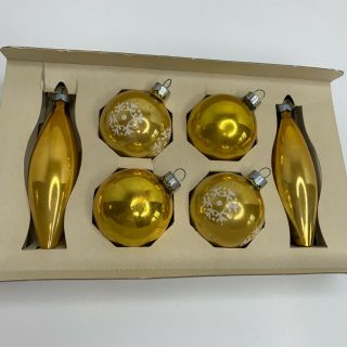 Vintage 50s 60s Christmas Ornaments Gold Glass Ball Teardrop Icicle Stencil Usa
