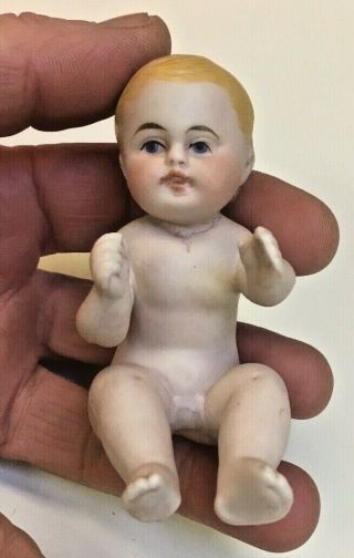Antique Miniature German Bisque Porcelain Nude Sitting Baby Doll Figurine