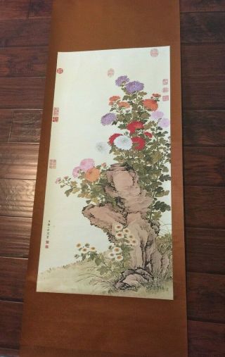 Vintage Asian Chinese Oriental Painting Scroll Chrysanthemums Signed And Stamped