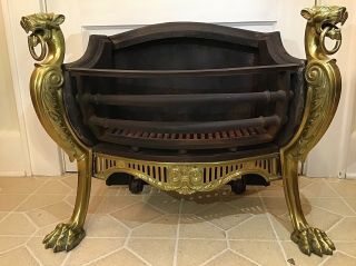 Antique Griffin Iron & Brass Victorian Lowback Fireplace Grate / England C.  1889